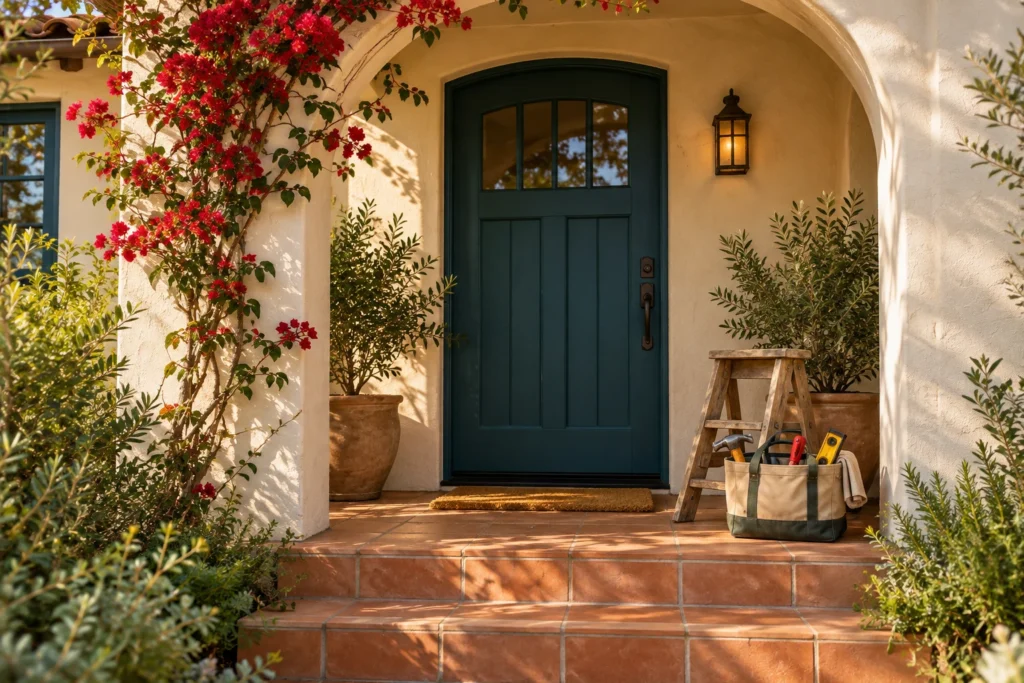 Sunlit Mediterranean-style porch with a teal door, terracotta steps, red flowers, and a handyman tool bag